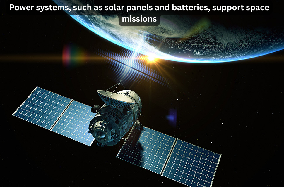 How do power systems, such as solar panels and batteries, support space missions?